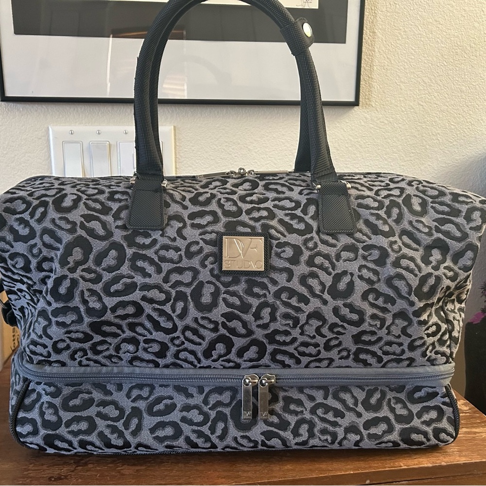 Diane Von Furstenberg Gray Leopard-Print Weekender Duffel with Zip Compartment